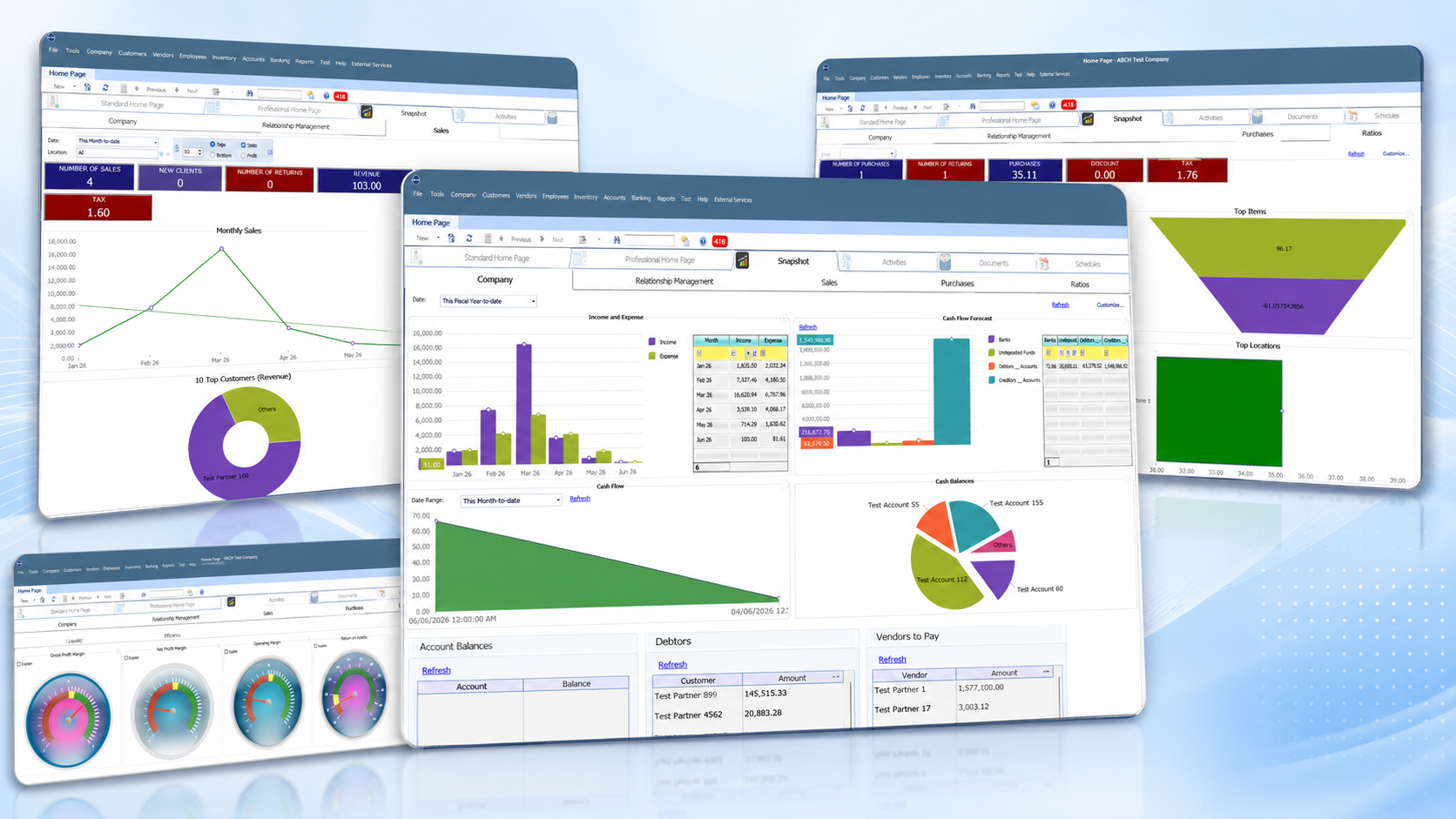 QBM dashboard collage showing sales, purchases, cash flow, and ratio report snapshots