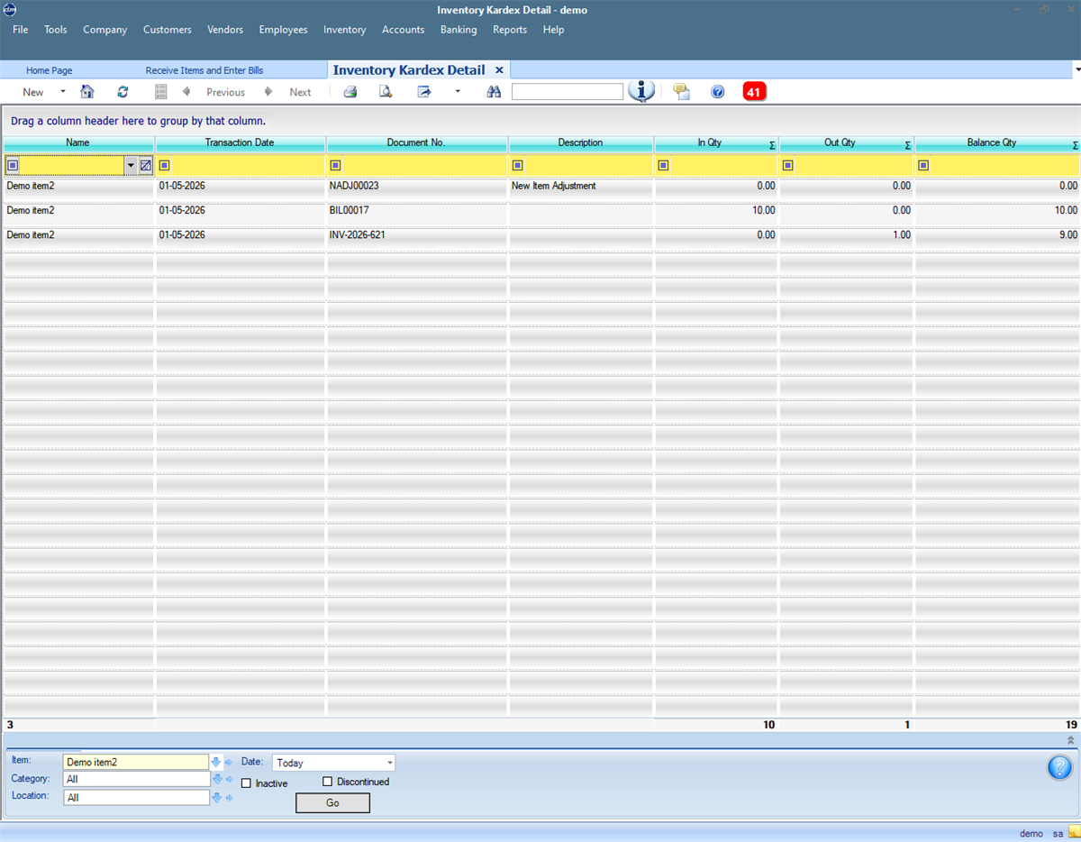 QBM inventory Kardex screen with demo stock movement and costing details