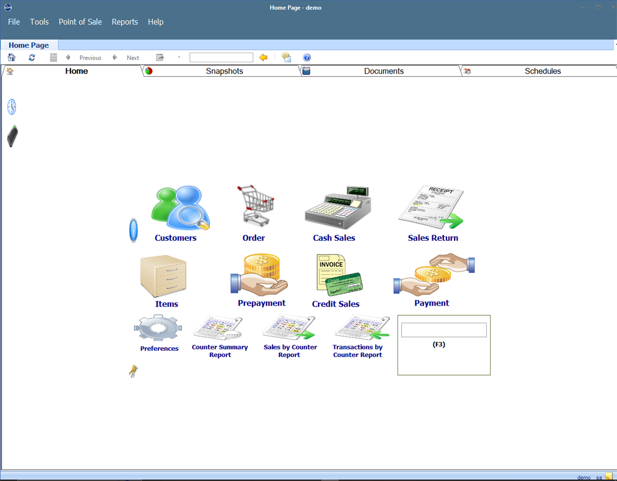 QBM POS dashboard with customers, vendors, cash sales, payments and retail icons