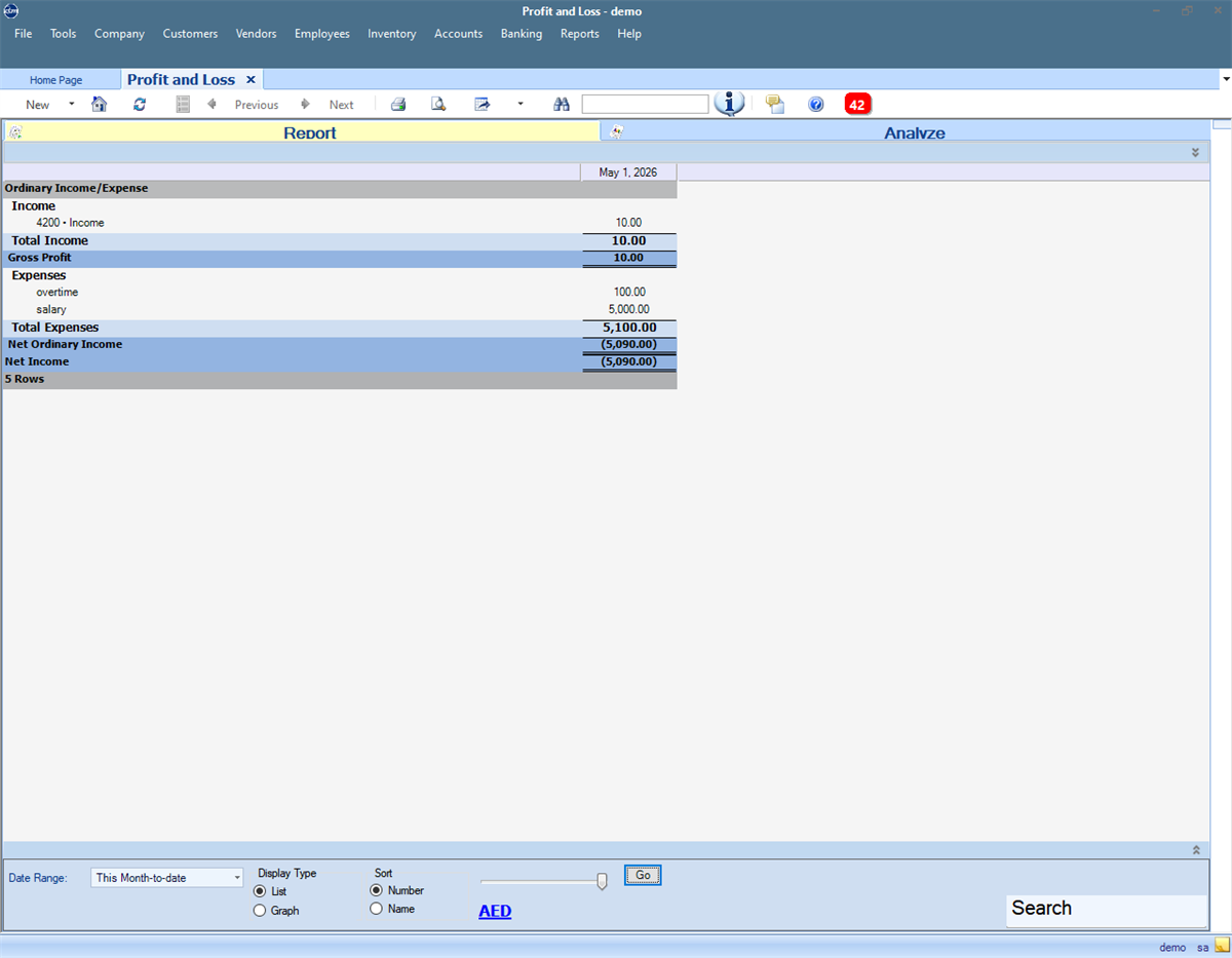 QBM profit and loss report screen with demo financial report values
