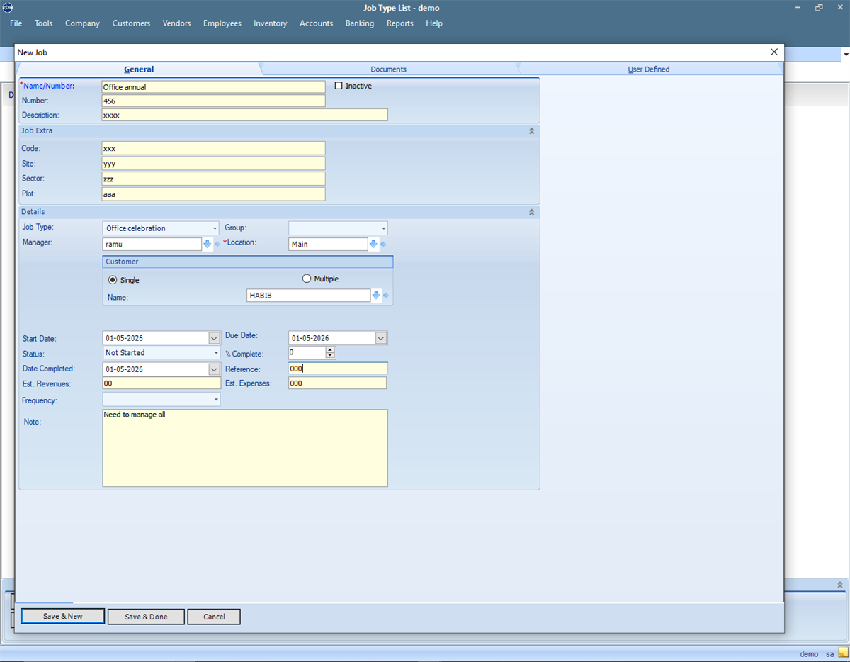 QBM project management screen with demo project and job details