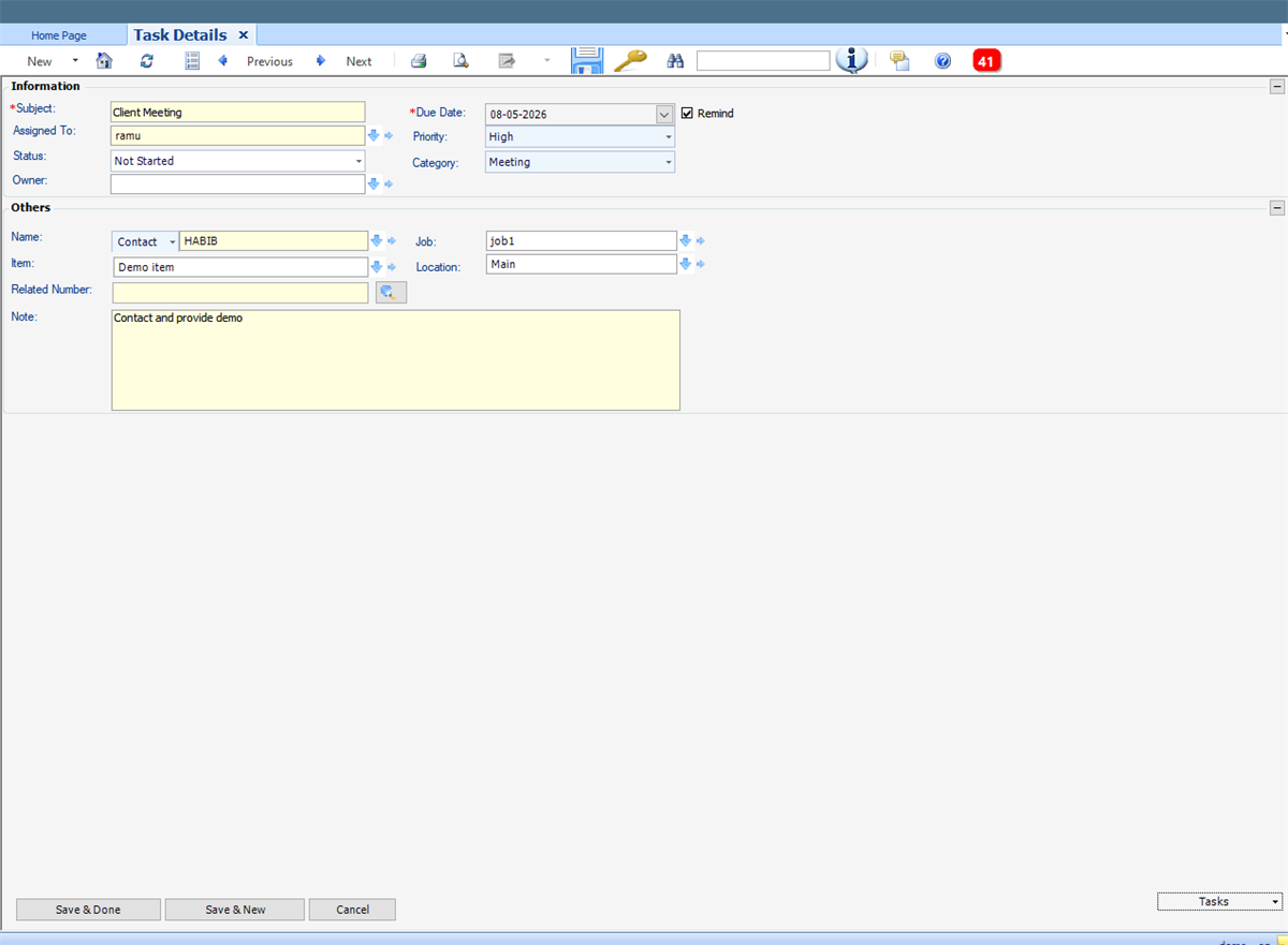 QBM task details screen with demo task and contact information