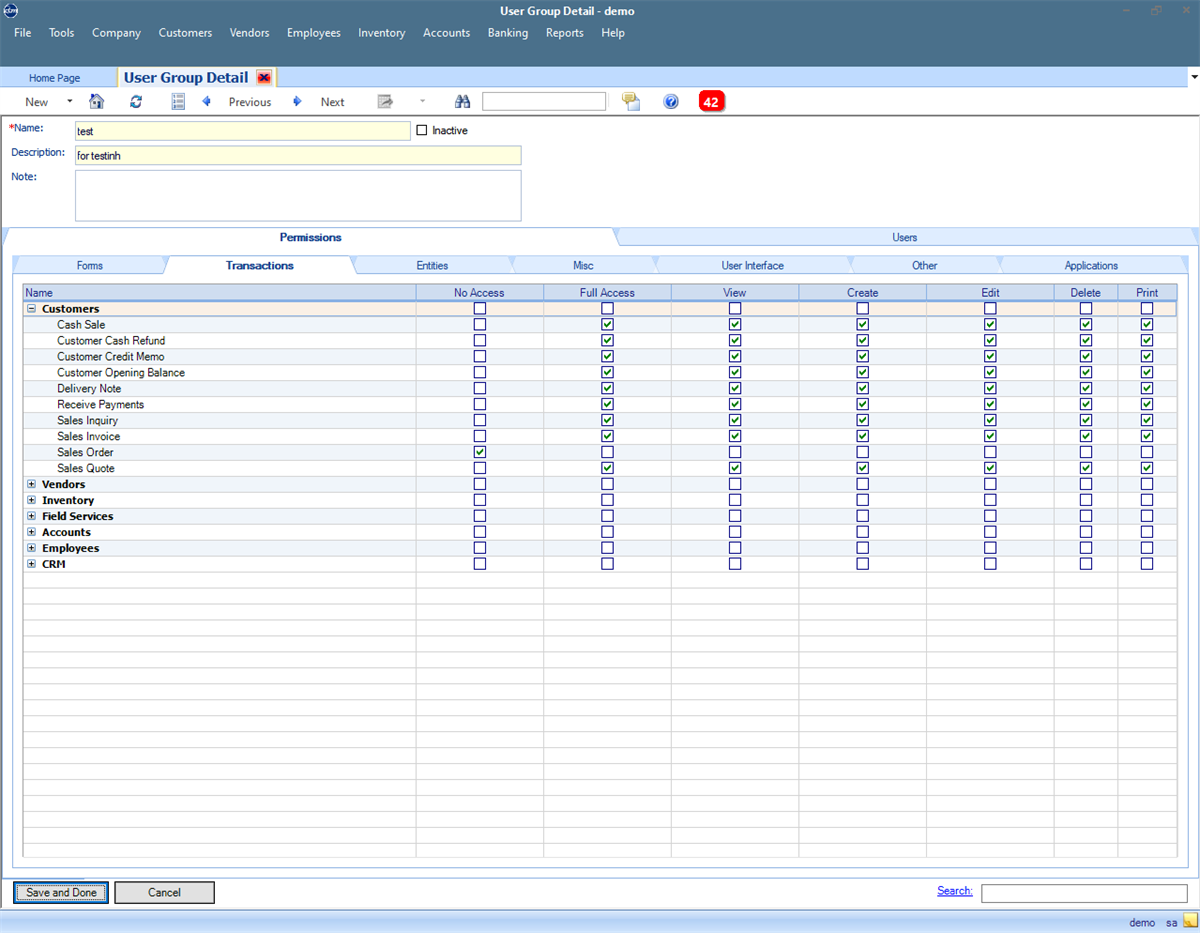 QBM user group security detail screen with demo permission settings